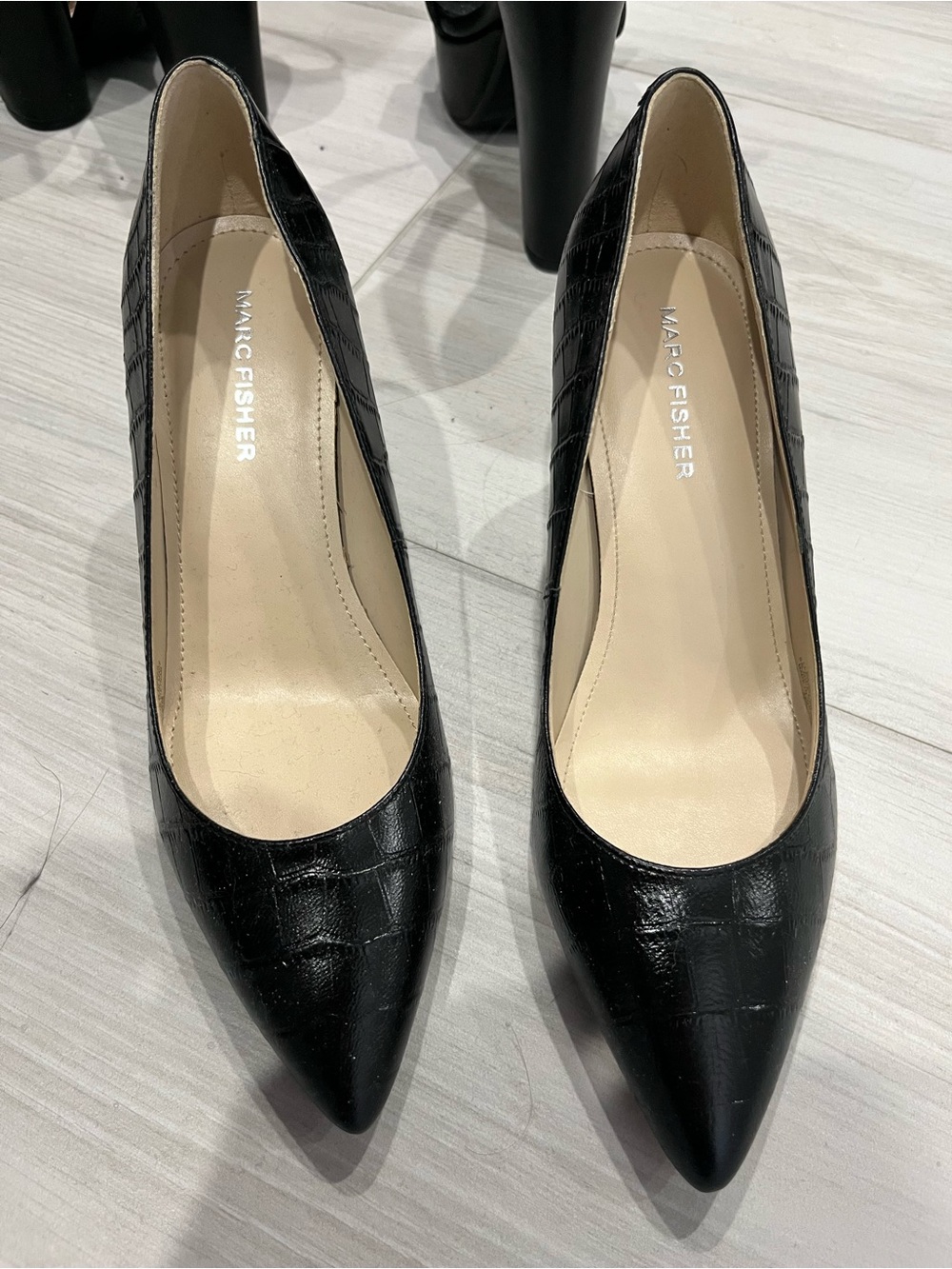 Marc Fisher Black Croc-Embossed Pointed Toe Pumps